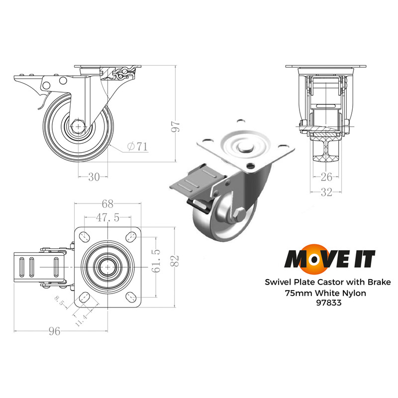 Swivel Wheel with Brake Castor 75mm 70kg
