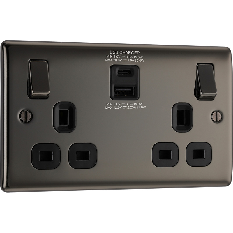 BG Black Nickel 13A DP USB Switched Socket 2 Gang USB A + C (4.2A)