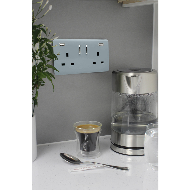 Trendiswitch Cool Grey 2 Gang 13 Amp Socket. 2X2.1MaH USB 2 Gang