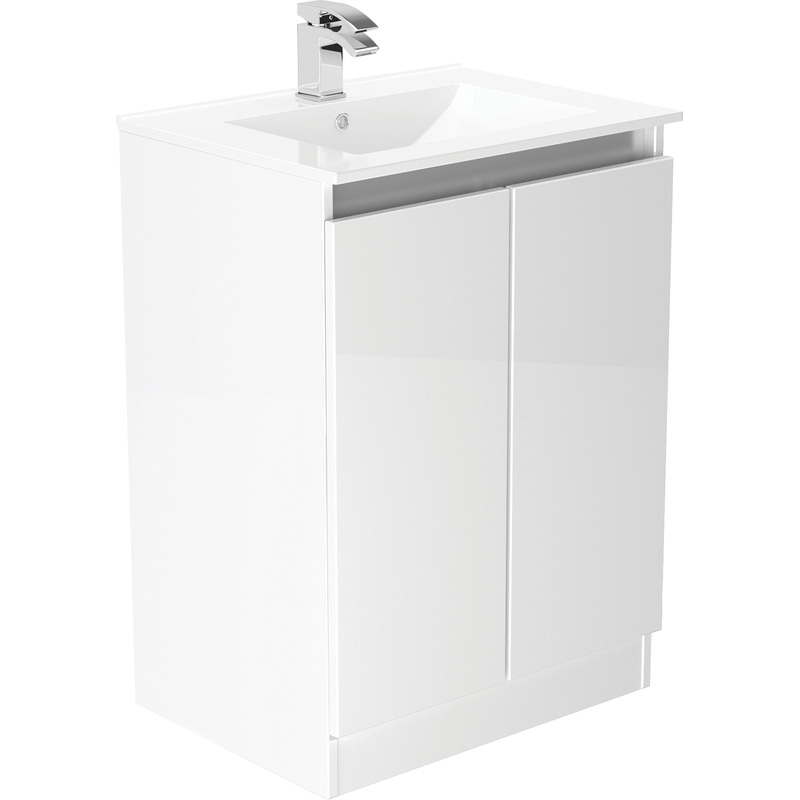 Newland Double Door Floor Standing Vanity Unit With Basin White Gloss 600mm