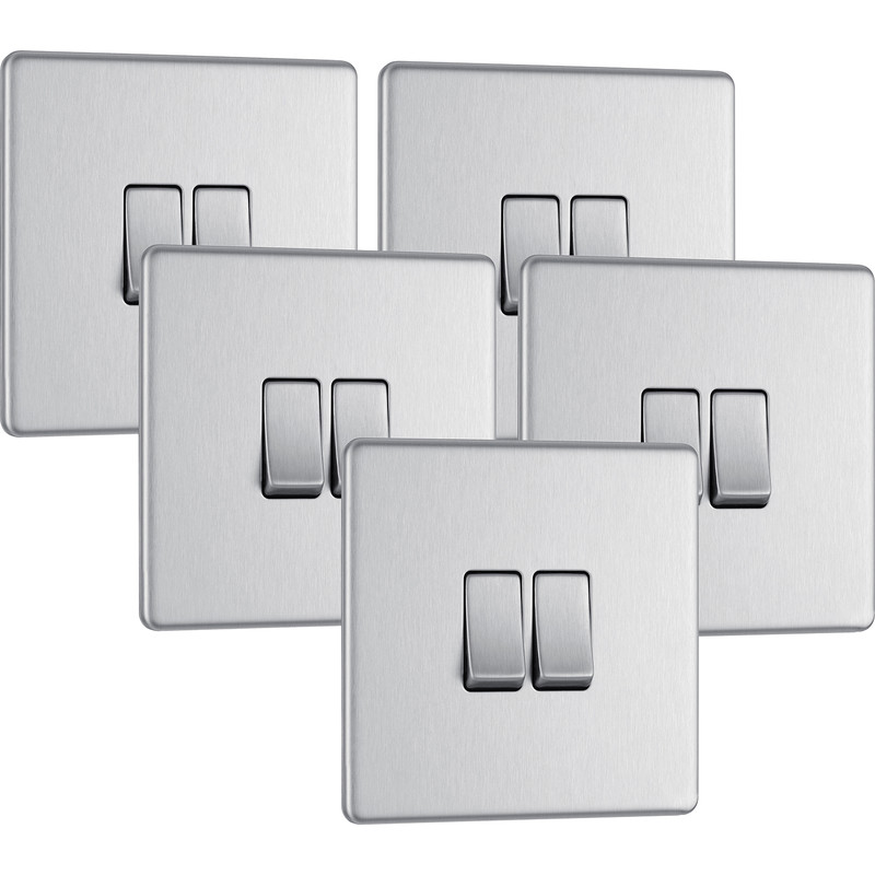 BG Screwless Flat Plate Brushed Stainless Steel 10AX Light Switch 2 Gang 2 Way Trade Pack