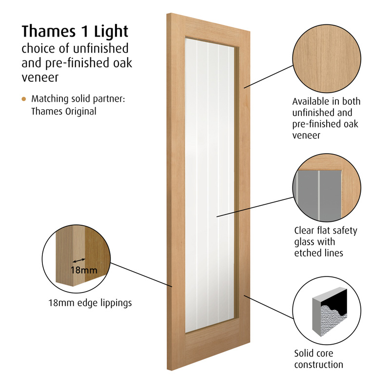 Thames 1 Light Oak Internal Door Unfinished Glazed 40 x 2040 x 626mm