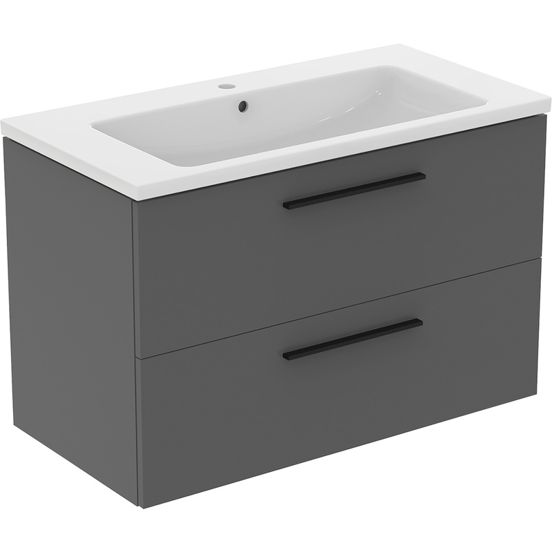 Ideal Standard i.life B Double Drawer Wall Hung Unit with Basin Matt Quartz Grey 1000mm with Matt Black Handles