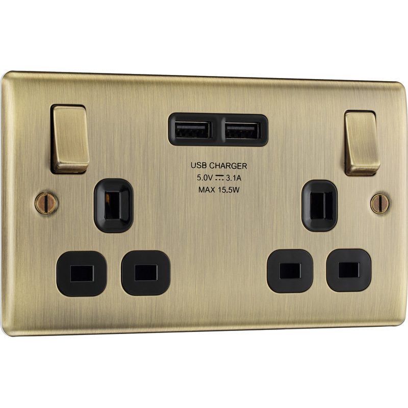 BG Antique Brass USB 13A DP Switched Socket 2 Gang + 2 USB (3.1A)