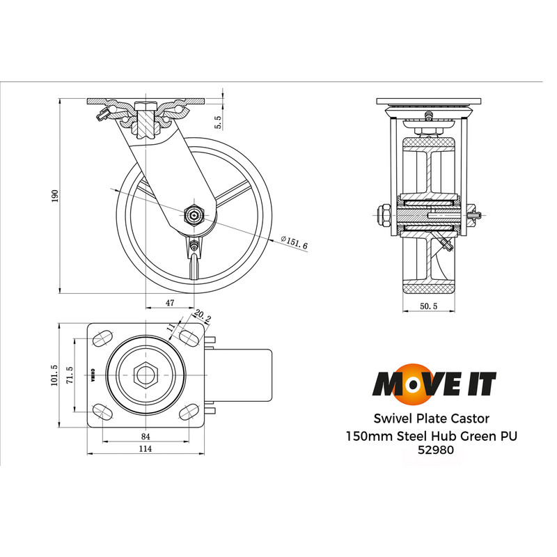 Green Mould-On Poly Steel Hub Swivel 150mm