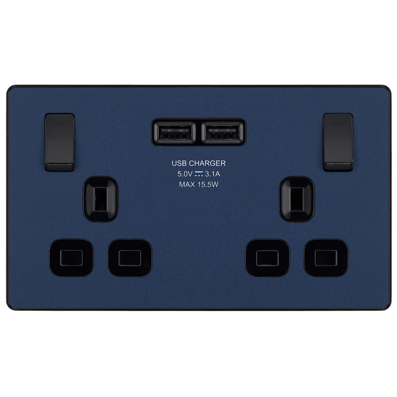 BG Evolve Matt Blue (Black Ins) Double Switched 13A Power Socket + 2 X Usb (3.1A)