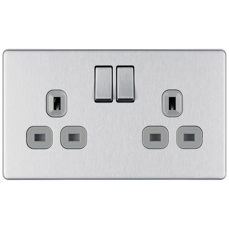BG Screwless Flat Plate Brushed Stainless Steel 13A DP Switched Socket 2 Gang Trade Pack