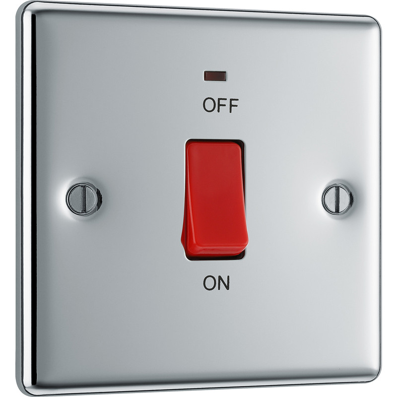 BG Polished Chrome 45A Double Pole Switch 45A 1 Gang + Neon