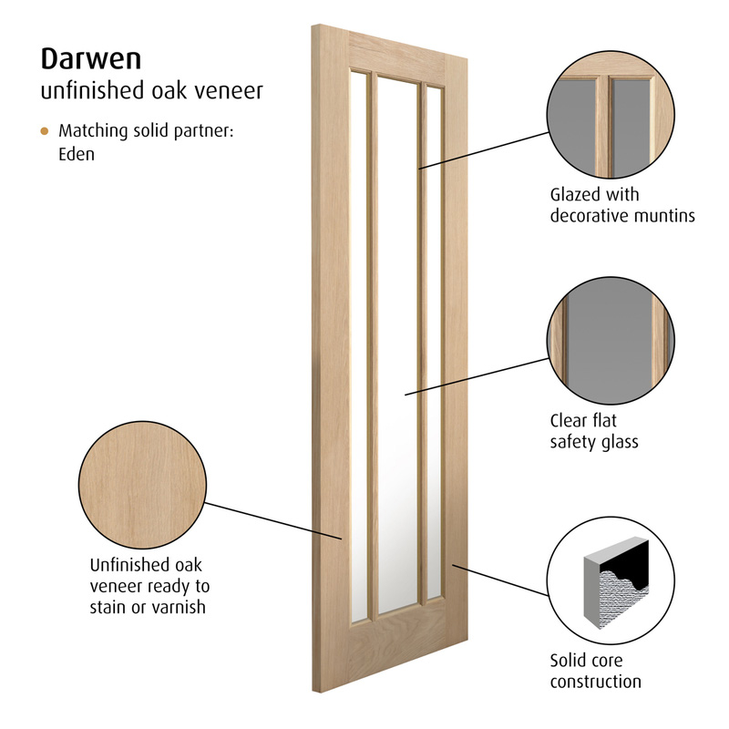 Darwen Oak Glazed Internal Door Unfinished 40 x 2040 x 726mm