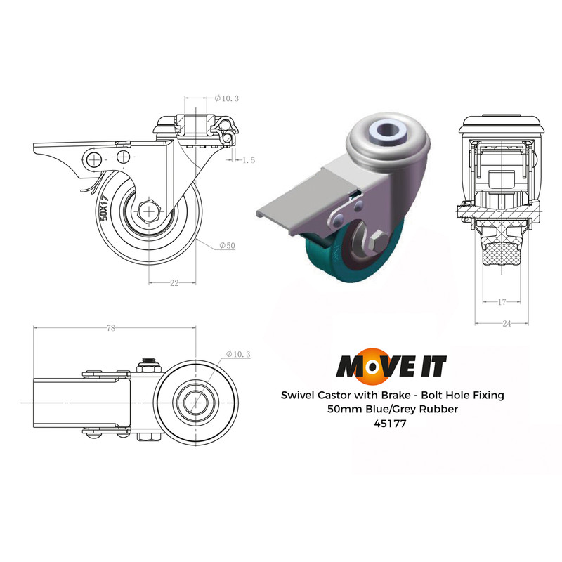 Grey Rubber Castor Braked 50mm