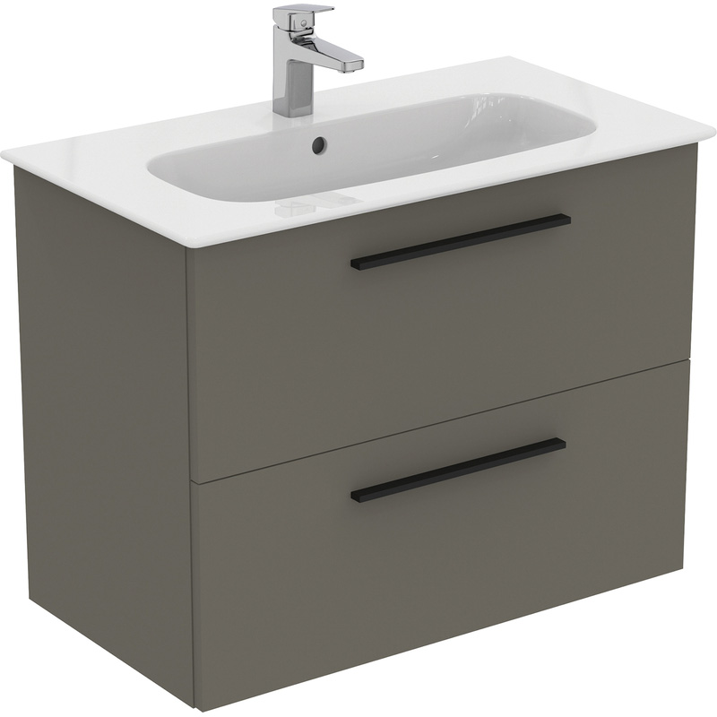 Ideal Standard i.life A Double Drawer Wall Hung Vanity Unit with Basin Matt Quartz Grey 800mm with Matt Black Handles