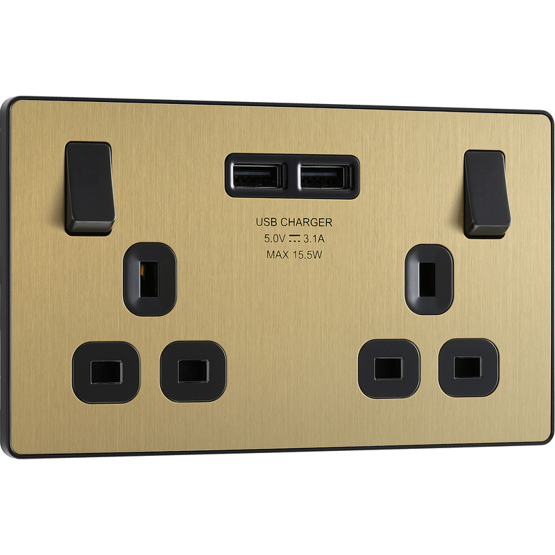 BG Evolve Brushed Brass (Black Ins) Double Switched 13A Power Socket + 2 X Usb (3.1A)