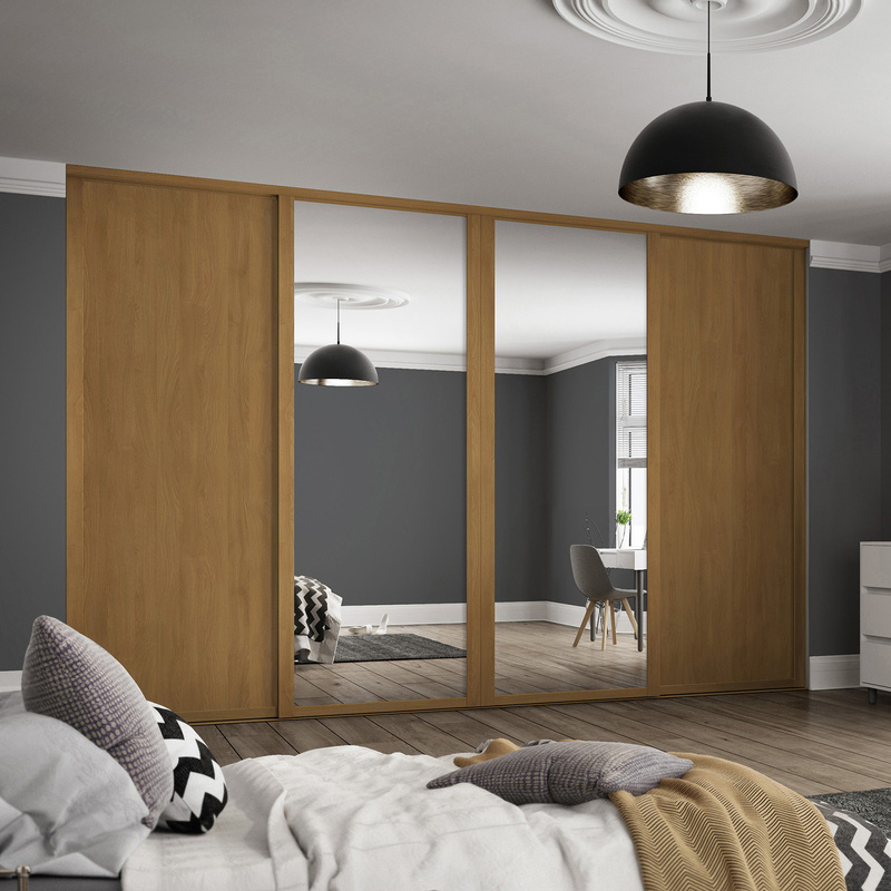 Spacepro Shaker 4 Door Sliding Wardrobe Kit Oak and Mirror 2898 x 2260mm
