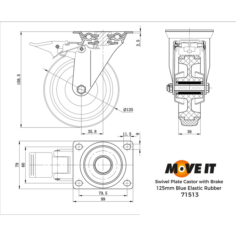 General Duty Electric Blue Castor Swivel + Brake 125mm / 160kg