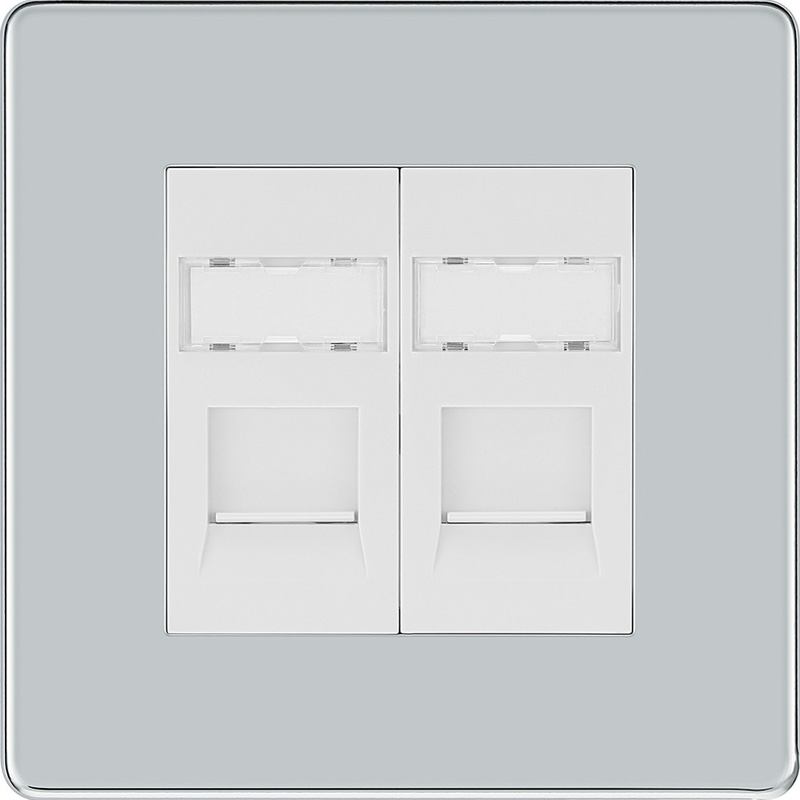 BG Screwless Flat Plate Polished Chrome RJ45 Outlet 2 Gang