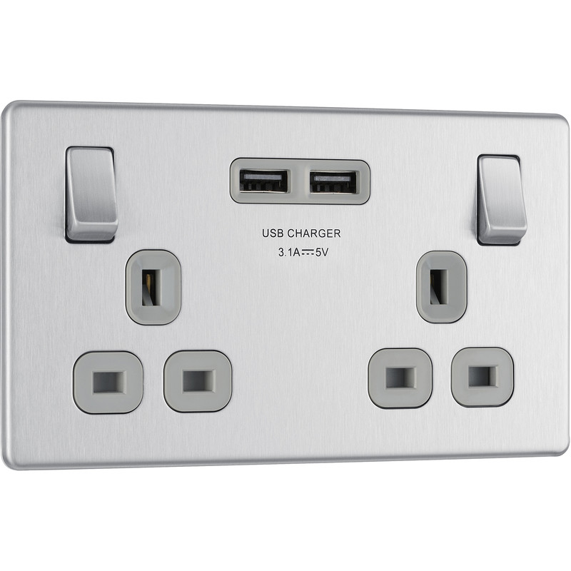 BG Screwless Flat Plate Brushed Steel 13A SP USB Switched Socket 2 Gang