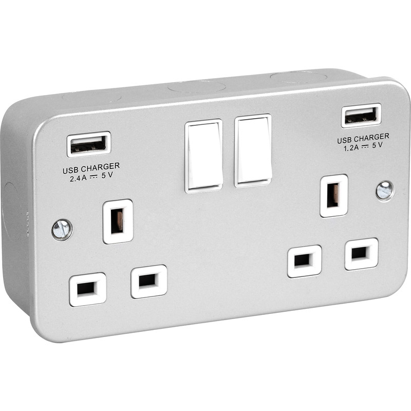 Metal Clad USB Switched Socket 13A 2 Gang + 2 USB