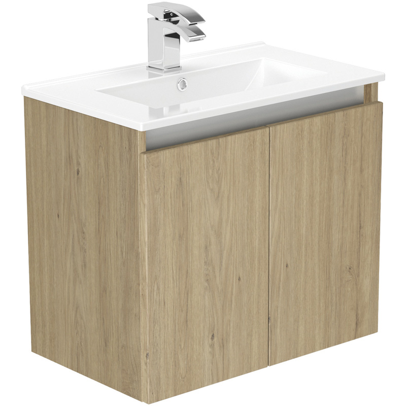 Newland Double Door Slimline Wall Hung Vanity Unit With Basin Natural Oak 600mm