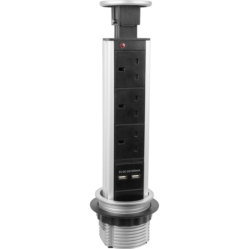 Axiom Pull Up Tower Socket 3 Sockets & 2 x USB