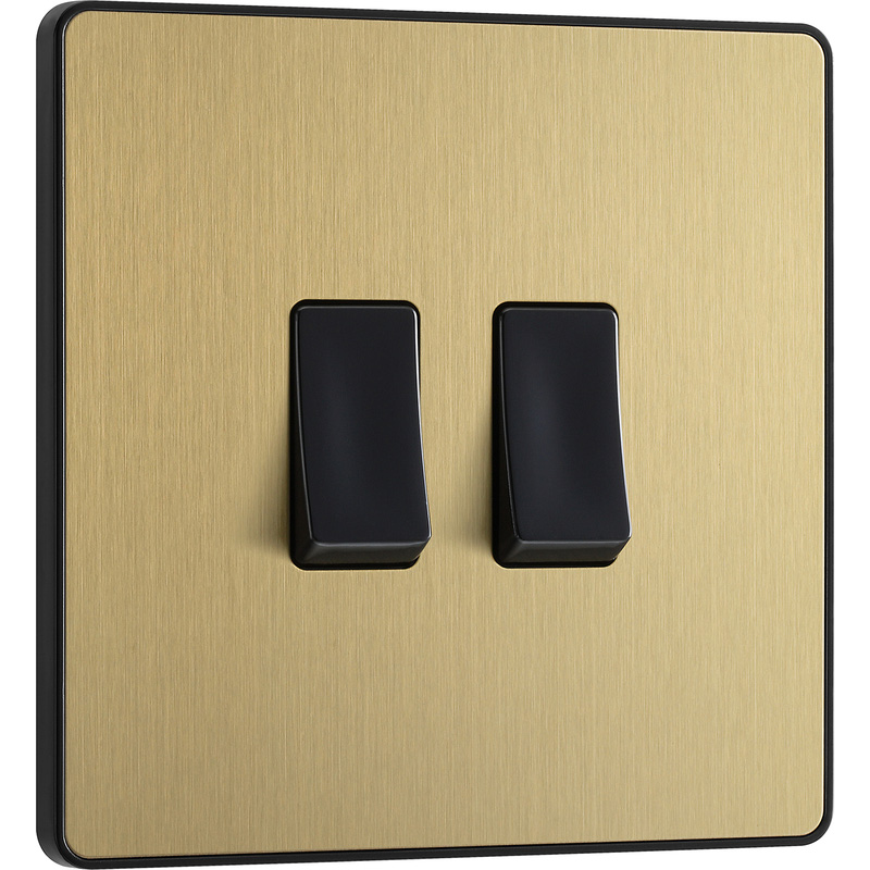 BG Evolve Brushed Brass (Black Ins) Double Light Switch, 20A 16Ax, 2 Way