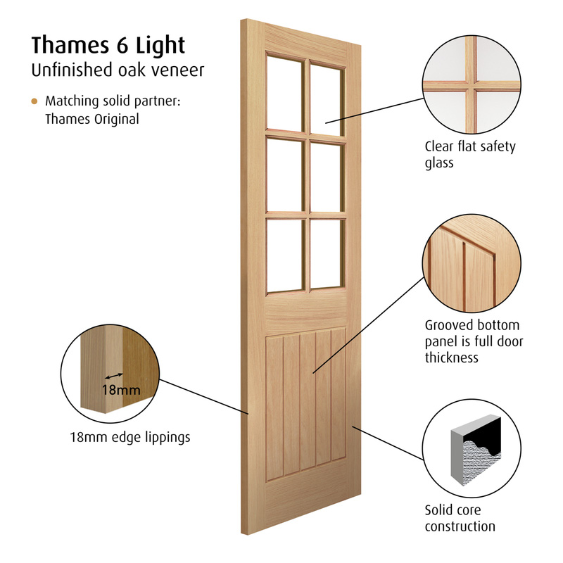 Thames 6 Light Oak Glazed Internal Door Unfinished 40 x 2040 x 826mm