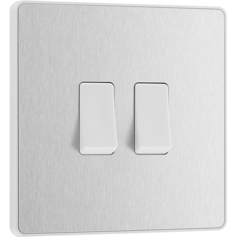 BG Evolve Brushed Steel (White Ins) Double Light Switch, 20A 16Ax, 2 Way