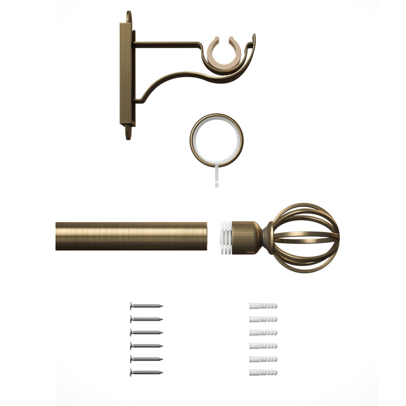 Rothley Curtain Pole Kit with Cage Orb Finials & Rings Antique Brass 25mm x 1219mm