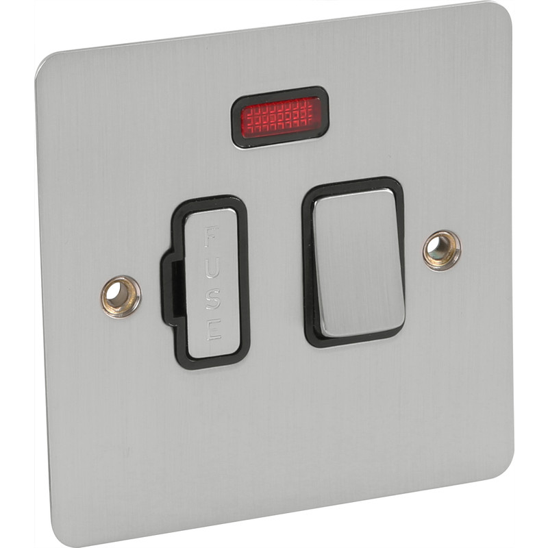Flat Plate Satin Chrome Fused Spur 13A Switched + Neon