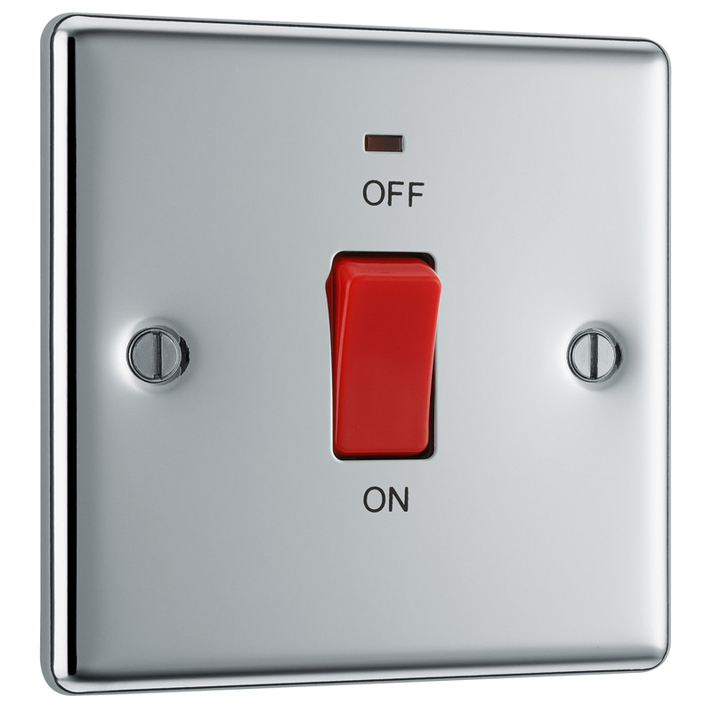 BG Polished Chrome 45A Double Pole Switch 45A 1 Gang + Neon
