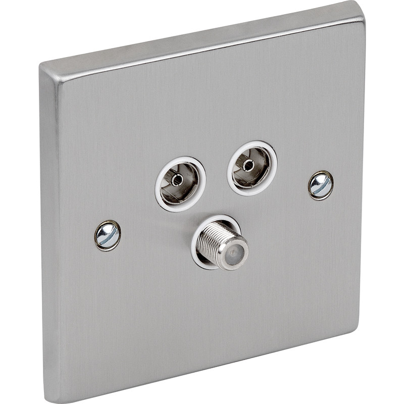Satin Chrome / White TV / Satellite Socket Outlet Satellite, TV, FM