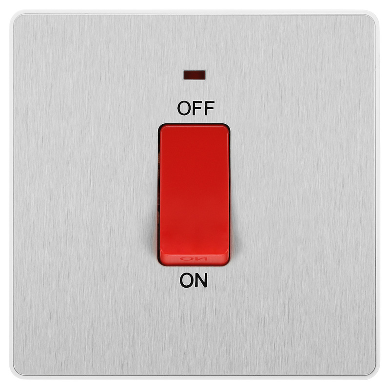 BG Evolve Brushed Steel (White Ins) 45A Square Switch, Double Pole With Led Power Indicator