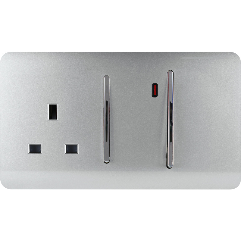 Trendiswitch Silver 13 Amp Cooker Switch & Socket with Neon 2 Gang