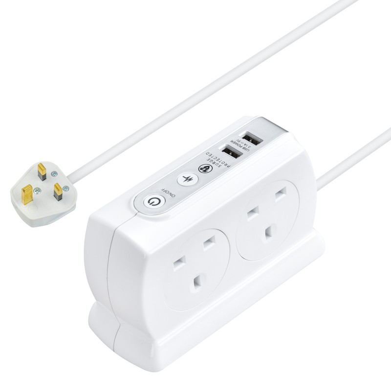 4 Socket Switched Extension Lead + 2 x 3.1A USB Compact Surge +2x USB- Gloss White 2m