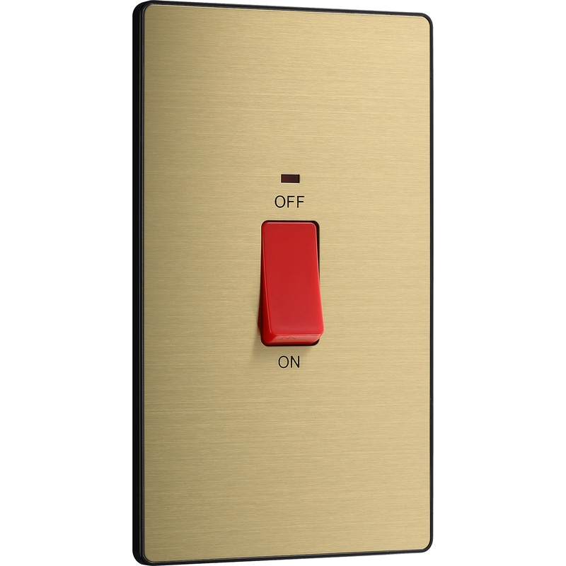 BG Evolve Brushed Brass (Black Ins) 45A Rectangular Switch, Double Pole With Led Power Indicator