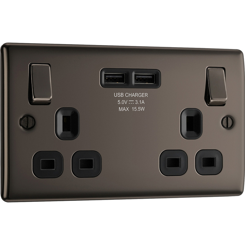 BG Black Nickel 13A DP USB Switched Socket 2 Gang + 2 USB (3.1A)