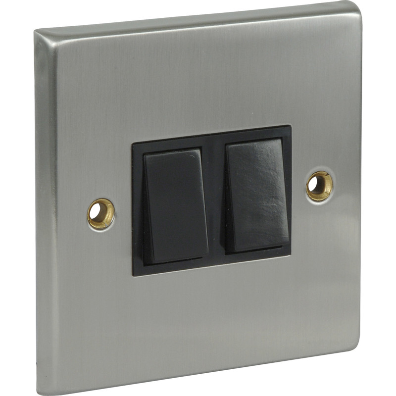 Satin Chrome / Black Switch 10A 2 Gang 2 Way