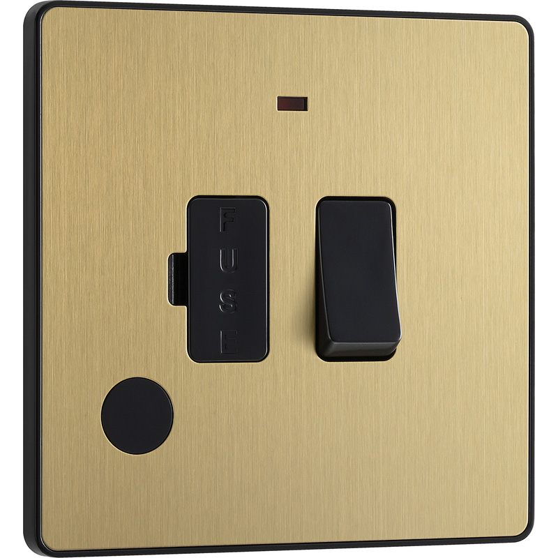 BG Evolve Brushed Brass (Black Ins) Switched 13A Fused Connection Unit With Power Led Indicator, And Flex Outlet