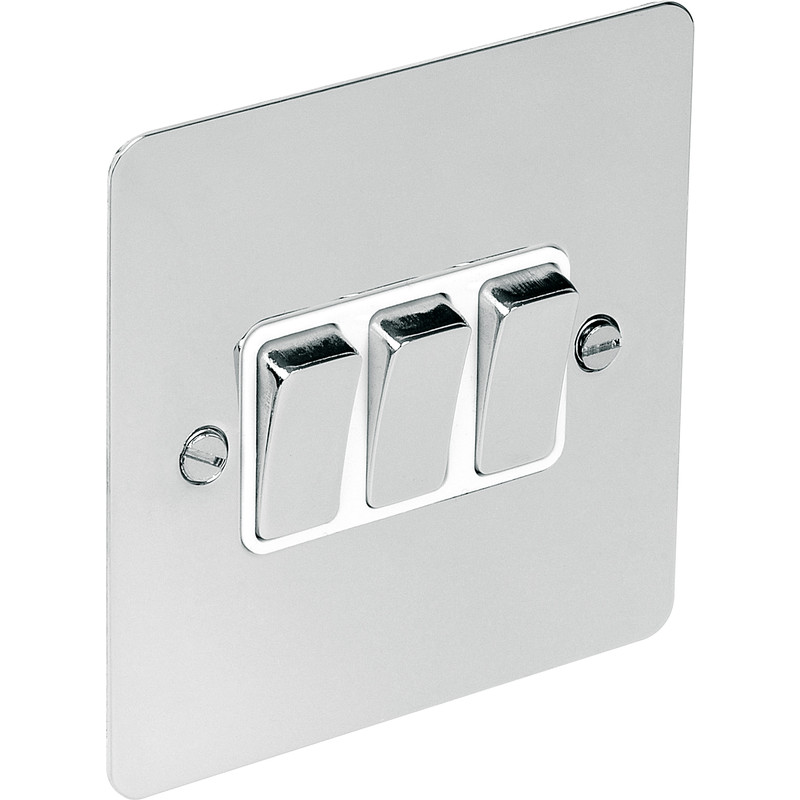 Flat Plate Polished Chrome 10A Switch 3 Gang 2 Way