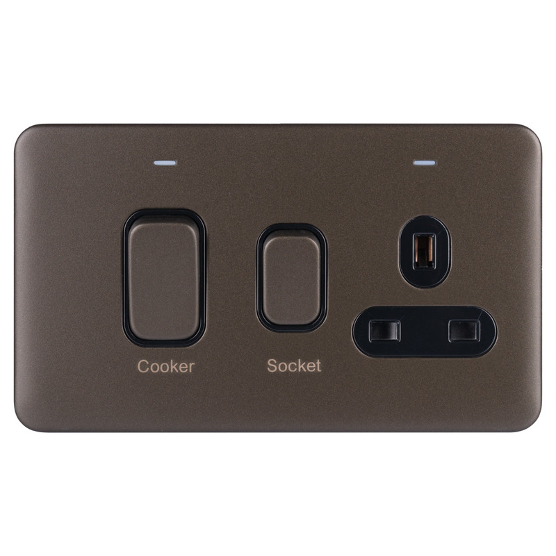 Schneider Electric Lisse Mocha Bronze Screwless 45A DP Cooker Switch 13A Switched Socket & Neon