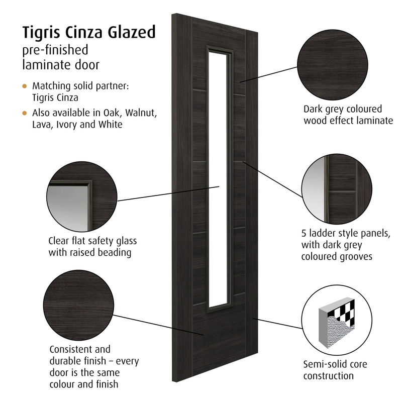 Tigris Cinza Glazed Laminate Internal Door 35 x 1981 x 686mm