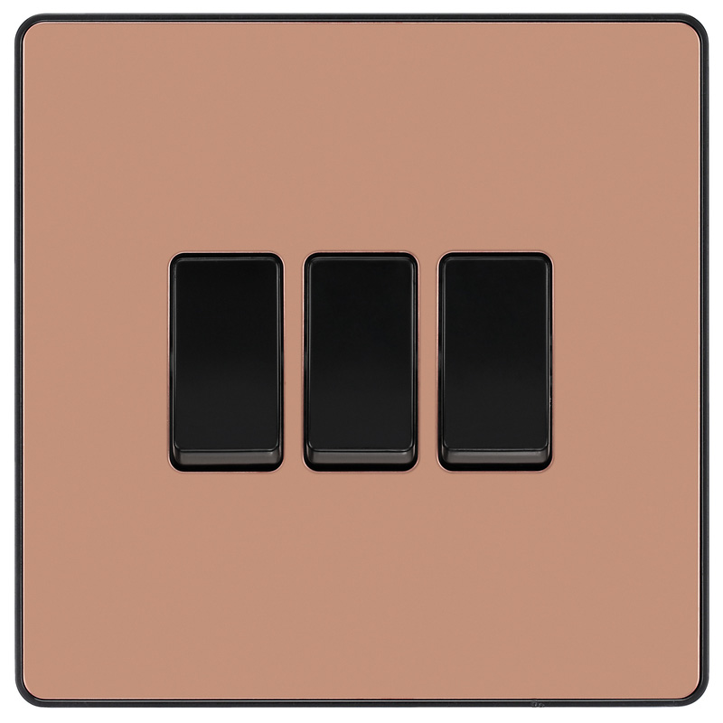 BG Evolve Polished Copper (Black Ins) Triple Light Switch, 20A 16Ax, 2 Way