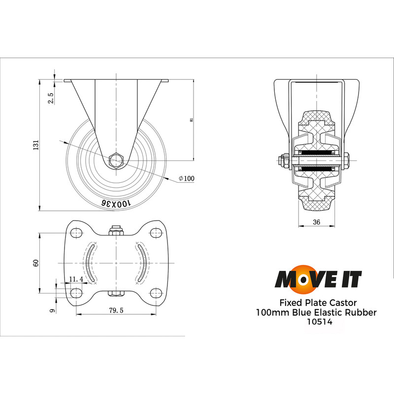 General Duty Electric Blue Castor Fixed 100mm / 125kg