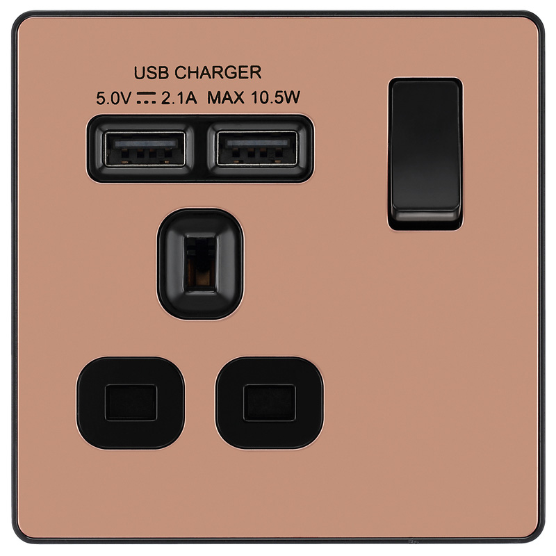 BG Evolve Polished Copper (Black Ins) Single Switched 13A Power Socket + 2 X Usb (2.1A)