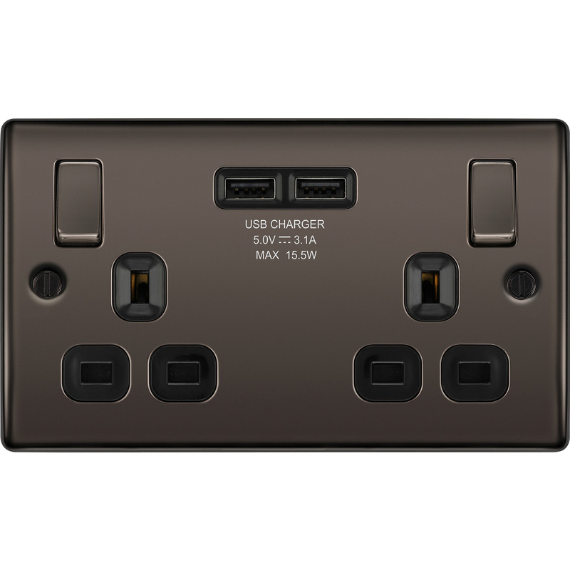 BG Black Nickel 13A DP USB Switched Socket 2 Gang + 2 USB (3.1A)