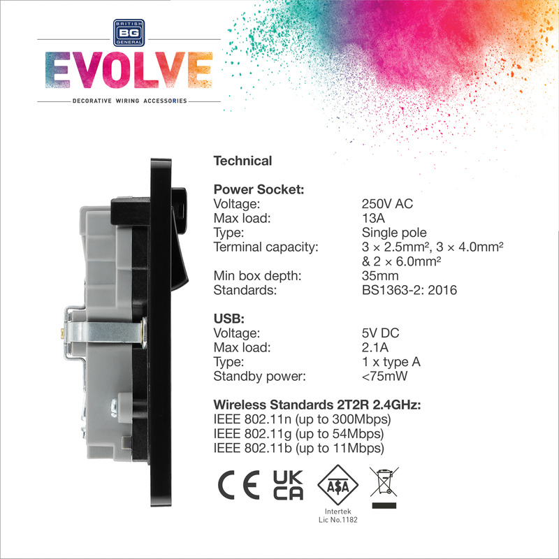 BG Evolve Matt Black (Black Ins) Wifi Extender Double Switched 13A Power Socket + 1X Usb (2.1A)