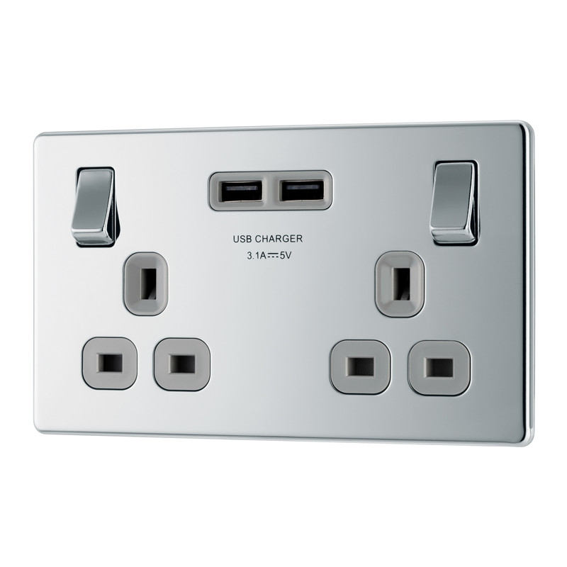 BG Screwless Flat Plate Polished Chrome 13A SP USB Switched Socket 2 Gang