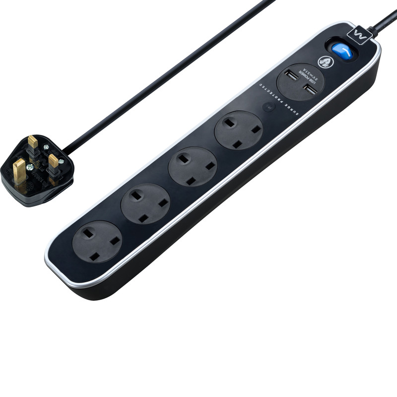 4 Socket Switched Extension Lead + 2 x 3.1A USB Inline Surge - Gloss Black 2m