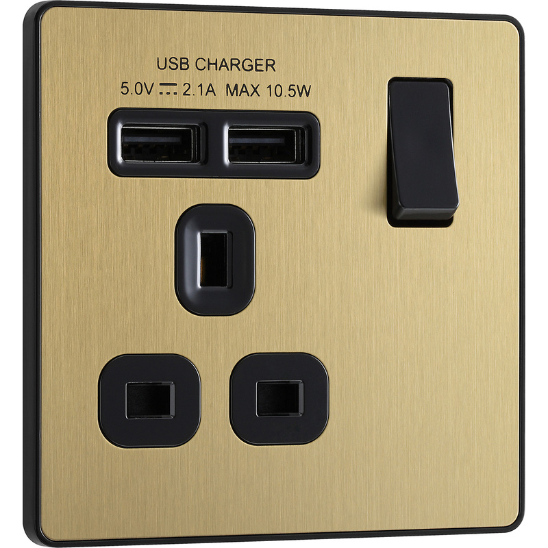 BG Evolve Brushed Brass (Black Ins) Single Switched 13A Power Socket + 2 X Usb (2.1A)
