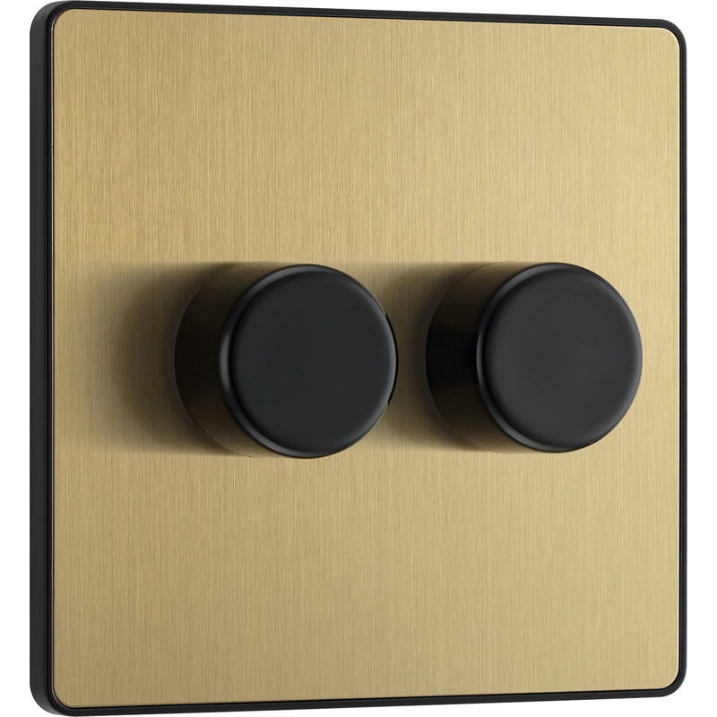 BG Evolve Brushed Brass (Black Ins) Trailing Edge Led 200W Double Dimmer Switch, 2-Way Push On/Off