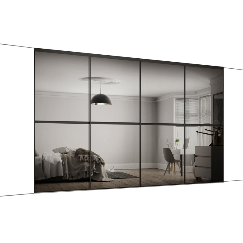 Spacepro Minimalist 4 Door Sliding Wardrobe Kit Black Framed Silver Mirror Doors 2400 x 2260mm